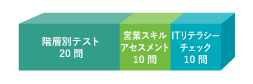 セミオーダー型アセスメントのイメージ。パッケージ型アセスメントを組み合わせることが可能。例えば全40問のアセスメントを作成するとして、階層別テストを20問、営業スキルアセスメントを10問、ITリテラシーチェックを10問の組み合わせで作成することができる