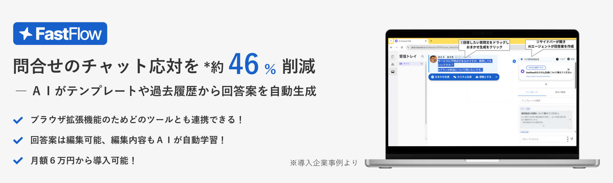 FastFlow問合せチャット応対を約46%削減ーAIがテンプレートや過去履歴から回答案を自動生成